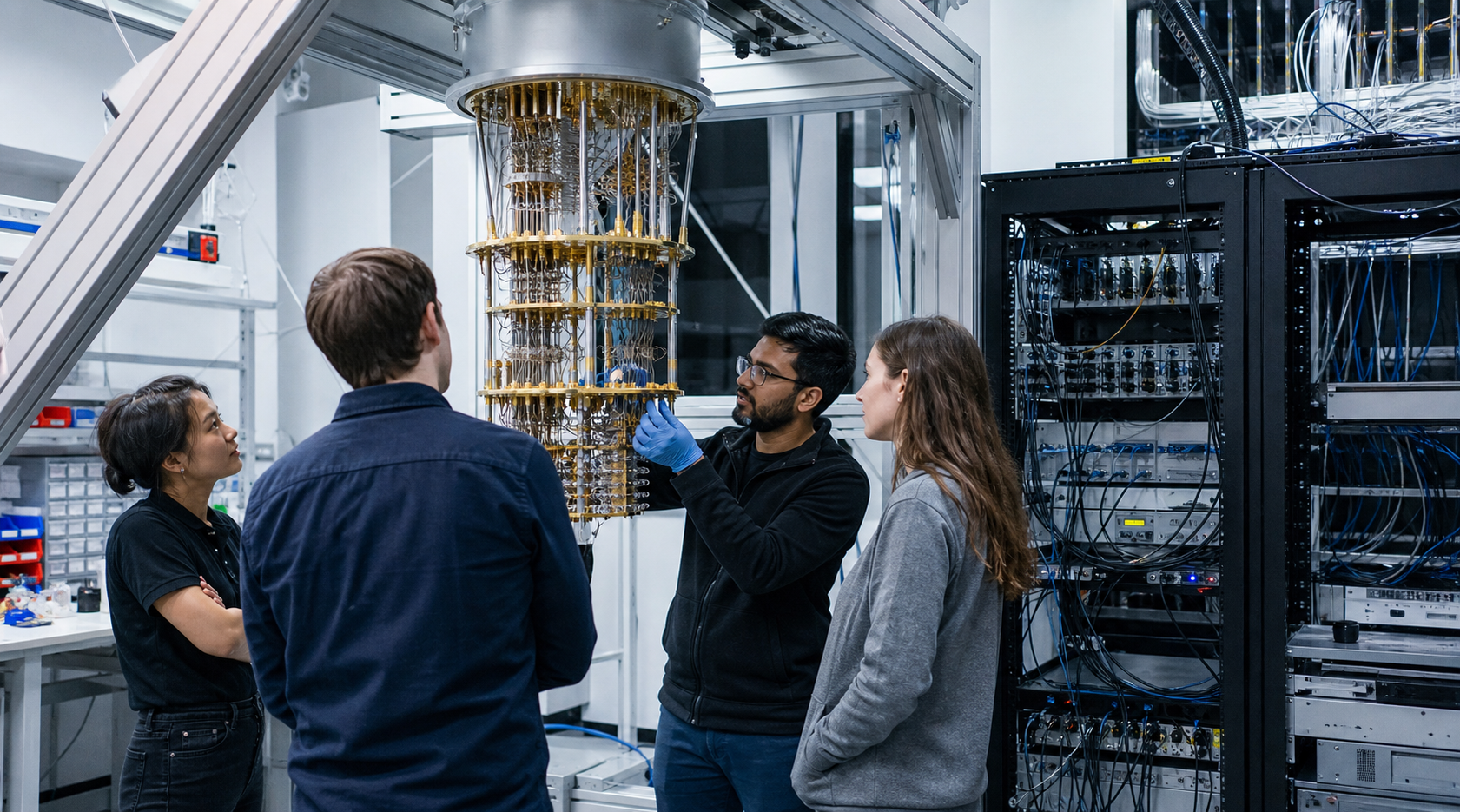 Quantum engineers inspecting a superconducting processor and control rack